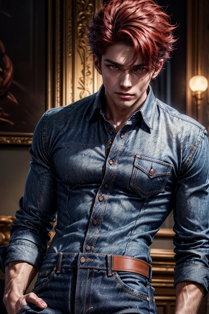 Raw photo, masterpiece, best quality, ultra-detailed, high resolution, extremely detailed CG, unity 8k wallpaper, official art, production art, novel illustration, caustics, textile shading, super detailed skin, perfect anatomy, detailed, cinematic lighting, dynamic lighting, piercing red eyes, young adult guy, chiseled physique, 20 years old, handsome detailed eyes, (bronze-white skin), arrogant smile, (Formal shirt, jeans :1.5), slender and lanky build, Fiery red hair, piercing jet black eyes, detailed eyes, handsome eyes, full lips, tall height(190cm), behind viewer, back, close up picture