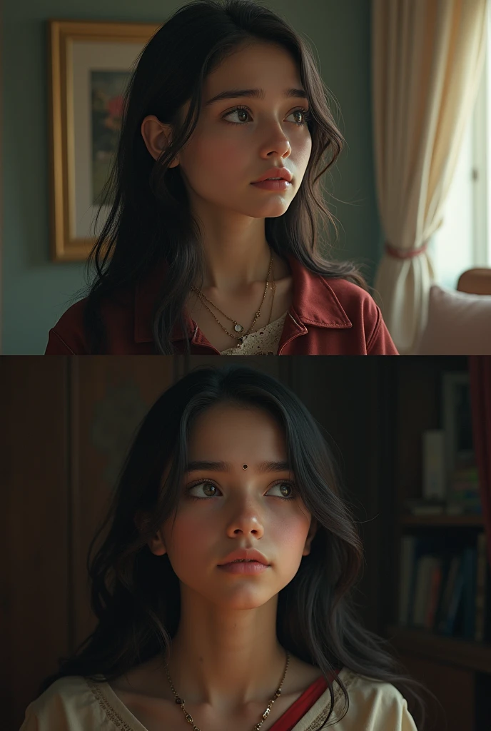 Generate a image in comparison of two girls first girl is A 17 years old rich girl is worried about future and second girl is also same age but poor depends on Jesus and praise God for giving her life