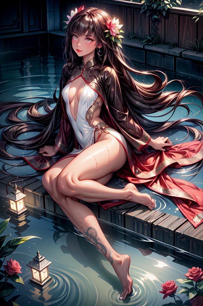bed over water, stunning masterpiece, full body photo, platinum hair, long curly hair, real water, transparent fabric fused with water, Bathing in a river pond, extremely detailed art, blushing, water running down the body, small breasts, sexy erotic legs, sexual arousal, sexual expression, Radiant skin, intricate, Elegant and highly detailed digital photography, majestic and surreal painting, Golden butterfly filigree, broken glass, sidelit, beautiful finely detailed eyes: 1.2), The best quality , expressive eyes looking askance, perfect face looking absentmindedly, Portrait of a beautiful goddess with platinum hair, majestic, Plants and flowers: 0.7) infinity, Infinity symbol, Perfect face, Very detailed face and body, 18 years old , dark brown eyes, big eyes, lying on back over a pond, pink lips, bald pussy, illuminated in contrasting turquoise and crimson, beautiful and aesthetic: 1.2), (1 girl), extremely detailed, (Fractal art: 1.3), colored, More Detailed, beautiful goddess lying on a water bed, girl lying on water waves, floating bed in a pond, art in three interlocking surreal circles, floating bubbles, Caucasian girl with shiny silver hair, full female body, tattoos of mandalas and oriental flowers , transparent dresses, skin wet with water, toes submerged in water, fantasy, Flowers and roses, Beautiful girl with a slight smile, lamp light, lantern, magic, Old floating clock, visible, rose, mandala tattoos and flowers on the naked body, Front view, three interlocking circles form a work of art, magical circles, girl within several circles, long hair merged in water, surreal magical dream, Image rich in details, Clear, painting oil painting, red lipstik , Dramatic lighting, extremely realistic, 8k, Crazy details, intricate, Bokeh, Taken with a 60mm lens, ISO 300, f/4, 1/200th, vivid colors, by Pino Daeni, Vincent Van Gogh, Luis Royo, Frank Frazetta