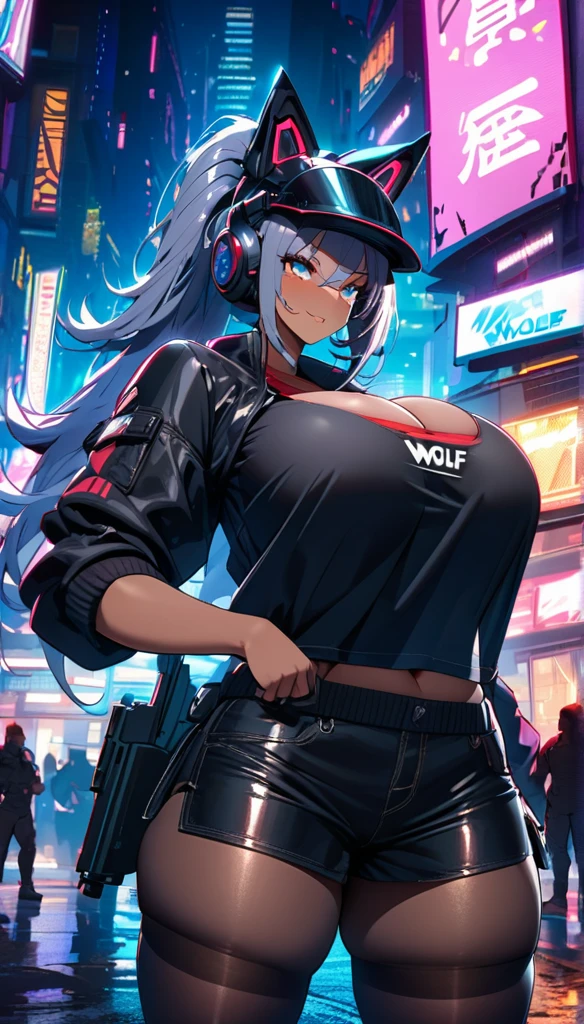 Cyberpunk High Tech Tactical Werewolf Mask Helmet Steel Wolf Clawsl dark skin Super huge breasts black sports top Cyberpunk black tights black jacket High-tech gun sci-fi city full-body shot Mature woman