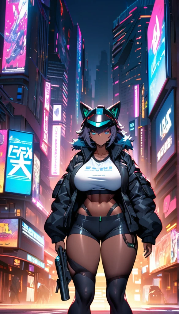 Cyberpunk High Tech Tactical Werewolf Mask Helmet Steel Wolf Clawsl dark skin Super huge breasts black sports top Cyberpunk black tights black jacket High-tech gun sci-fi city full-body shot Mature woman