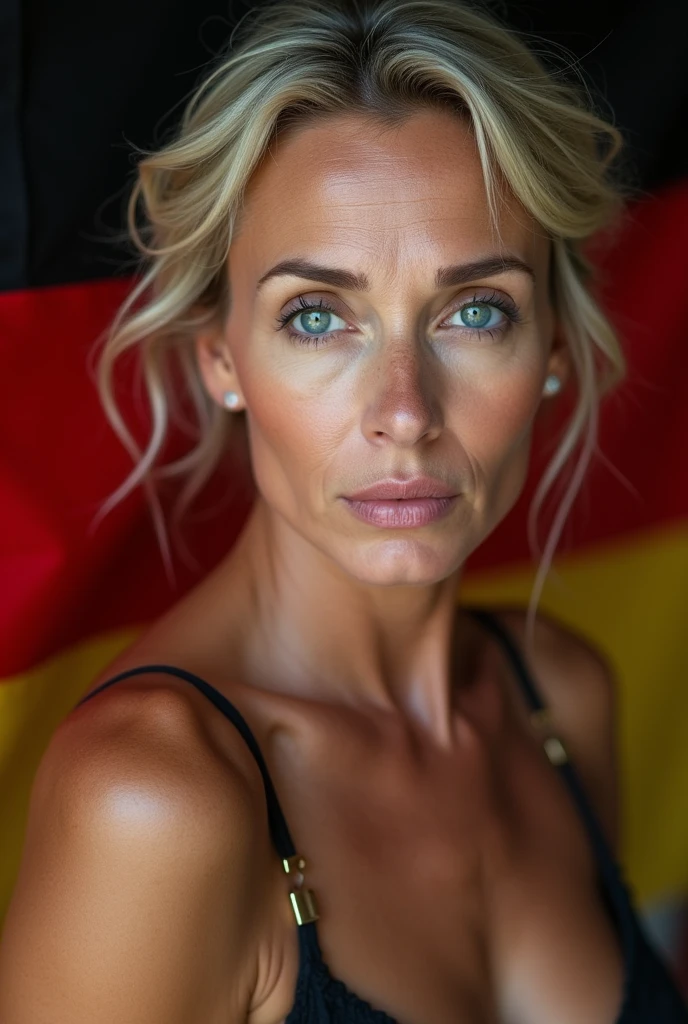 Beautiful  woman 45 years old, wrinkles on the face, detailed face and texture, From Germany, looks into the frame, sexy, guid face, bright blue eyes, sexual magermany flag on background, belt