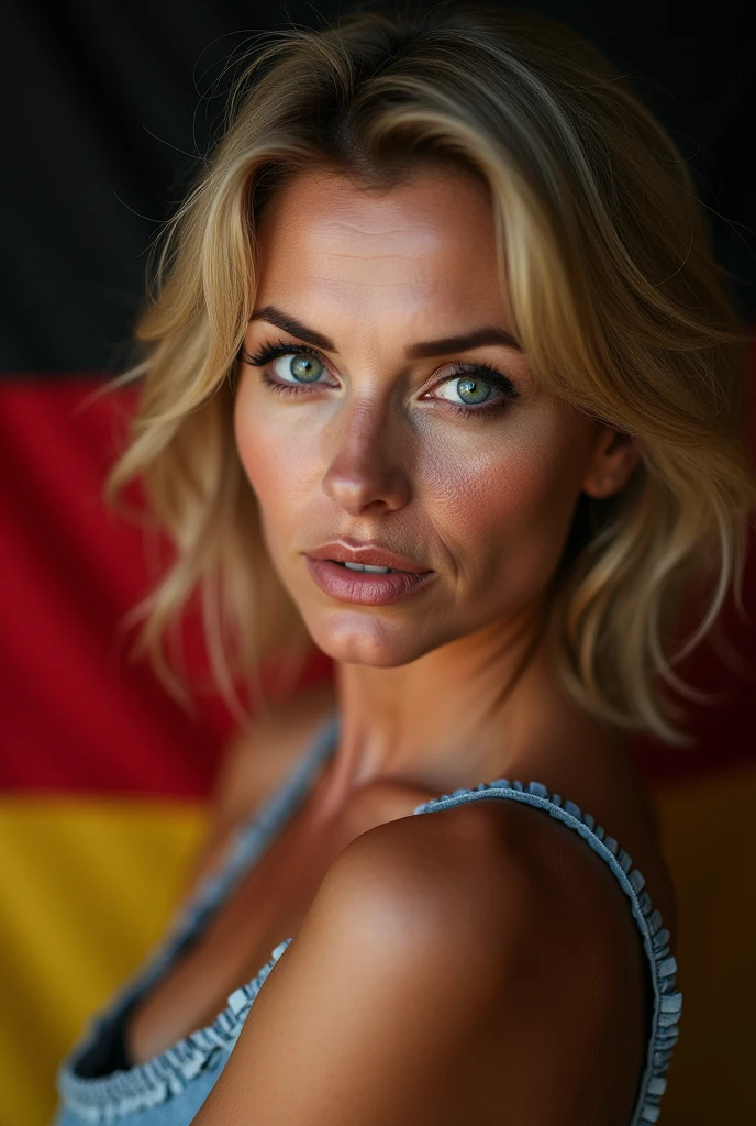 Beautiful mature woman 45 years old, wrinkles on the face, detailed face and texture, From Germany, looks into the frame, sexy, languid face, bright blue eyes, sexual makeup, germany flag on background, belt