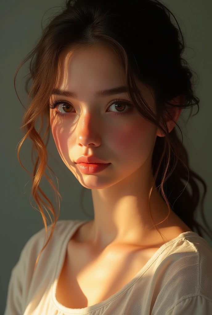 dress, (foto realist: 1.4), (hiperrealist: 1.4), (realist: 1.3), (Smoother Lighting: 1.05), (Increase cinematic lighting quality: 0.9), 32K, 1girl, 20 yrs old girl, realistic illumination, Backlight, light on the face, lightning trail, (bright light: 1.2), (increase quality: 1.4), (best quality real texture skin: 1.4), finely detailed eyes, Finely detailed face, finely quality eyes, (cheerfulness, blush), (tired and sleepy and satisfied), Closeup of face, t-shirts, (Increase body line mood: 1.1), (Increase the beauty of skin texture: 1.1)