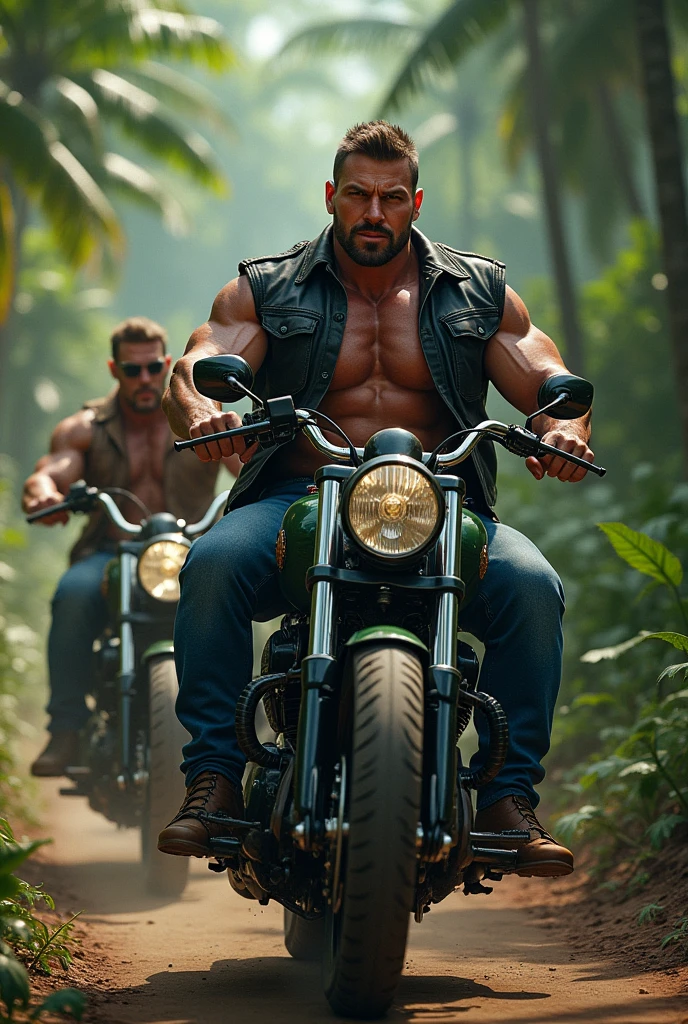 Big giant body builder men wearing black leather jacket on  unbuttoned deim shirt on heavy motor bike in jungle 