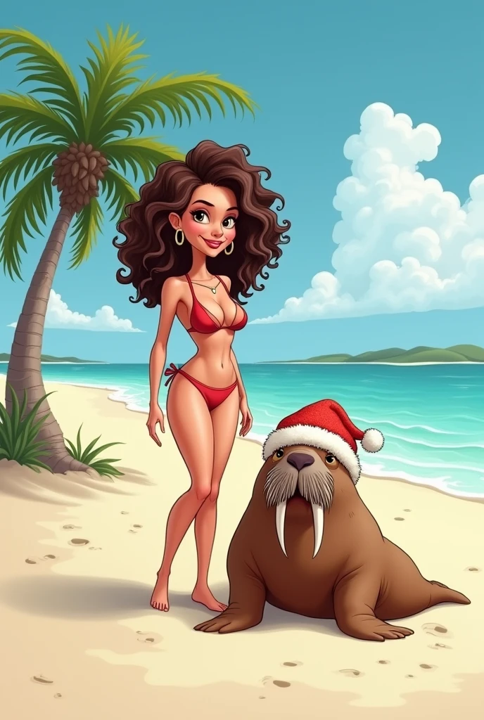 Make a caricature of a woman with curly hair, wearing a swimsuit, standing on a deserted island, next to her sits a walrus in a winter hat. In the background you can see a palm tree
