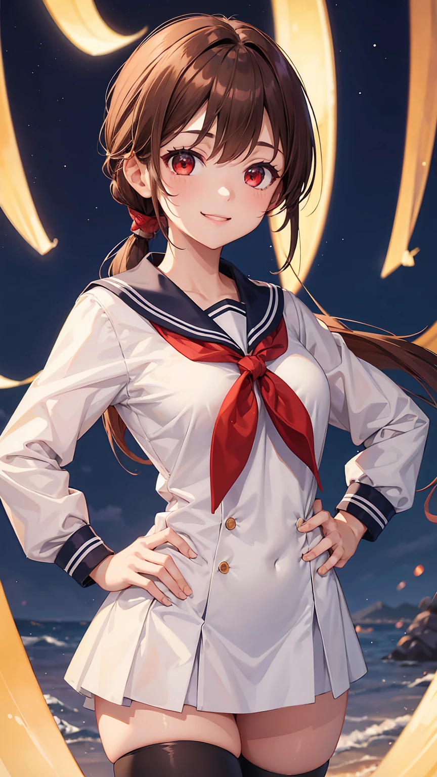 1girl, hands on own hips,sailor uniform,brown hair,long pony tail,red eyes, bullish smile,front view,evening,best quality, high quality, masterpiece, ultra detailed
