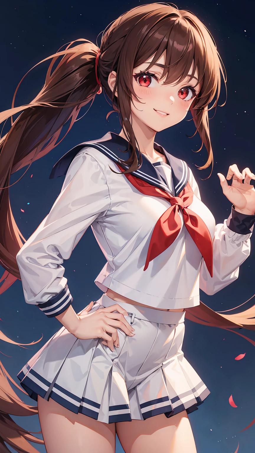 1girl, hands on own hips,sailor uniform,brown hair,long pony tail,red eyes, bullish smile,front view,evening,best quality, high quality, masterpiece, ultra detailed 