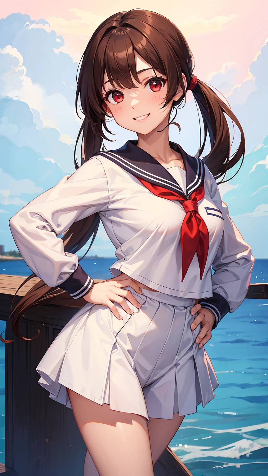 1girl, hands on own hips,sailor uniform,brown hair,long pony tail,red eyes, bullish smile,front view,evening,best quality, high quality, masterpiece, ultra detailed