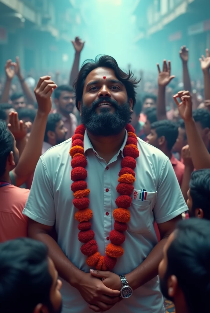 A person with dark hair and beard giving free ambulance to tamilnadu people's wearing white shirt and red garland background cinematic blue shade crowd celebrating that person
