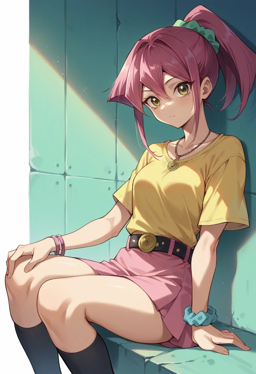 masterpiece, Highest quality, High resolution, Masaki Kyoko, ponytail, Hair Scrunchie, necklace, Yellow Shirt, No sleeve, bracelet, belt, mini skirt, Pink Skirt, Black knee socks, Yu-Gi-Oh!,