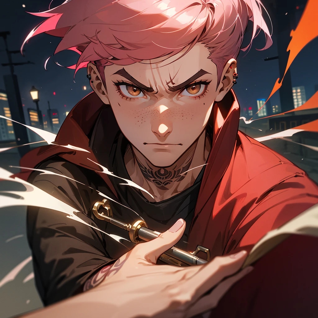 arcane style, (1 man), handsome, cropped hooded jacket, dark red jacket with black details, tattoo on arm, asymmetrical bangs, band-aid, short hair (shaved on one side), bangs freckles, light brown eyes, muscular man, looking at viewer, tattoo on neck, piercing in nose, pink hair, scar, scar on face, solo, tattoo on face, detailed background, city, alley, dark alley, night, angry, close-up, mouth closed, , ((masterpiece)), masculine face,