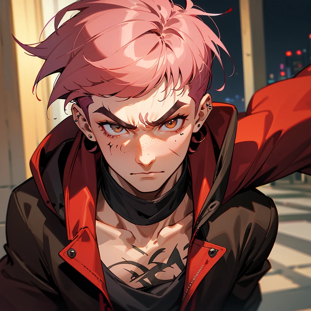 arcane style, (1 man), handsome, cropped hooded jacket, dark red jacket with black details, tattoo on arm, asymmetrical bangs, band-aid, short hair (shaved on one side), bangs freckles, light brown eyes, muscular man, looking at viewer, tattoo on neck, piercing in nose, pink hair, scar, scar on face, solo, tattoo on face, detailed background, city, alley, dark alley, night, angry, close-up, mouth closed, , ((masterpiece)), masculine face,