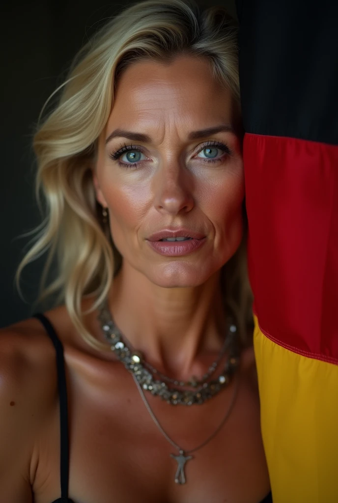 Beautiful mature woman 45 years old, wrinkles on the face, detailed face and texture, From Germany, looks into the frame, sexy, languid face, bright blue eyes, sexual makeup, germany flag on background, belt, topless