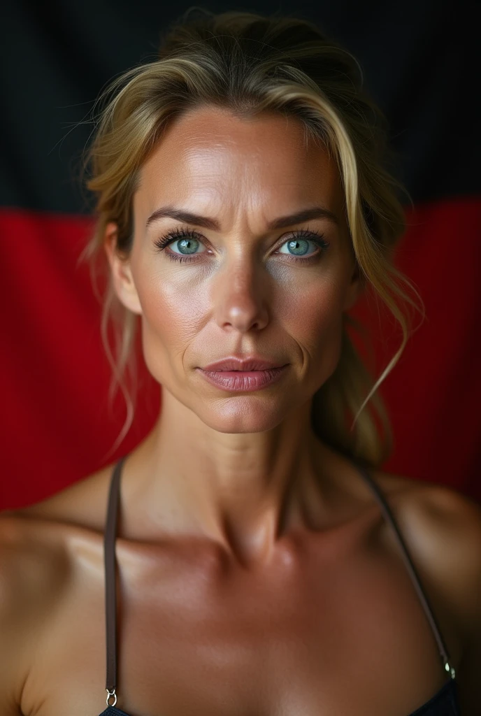 Beautiful mature woman 45 years old, wrinkles on the face, detailed face and texture, From Germany, looks into the frame, sexy, languid face, bright blue eyes, sexual makeup, germany flag on background, belt, topless