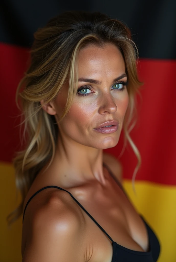 Beautiful mature woman 45 years old, wrinkles on the face, detailed face and texture, From Germany, looks into the frame, sexy, languid face, bright blue eyes, sexual makeup, germany flag on background, belt, topless