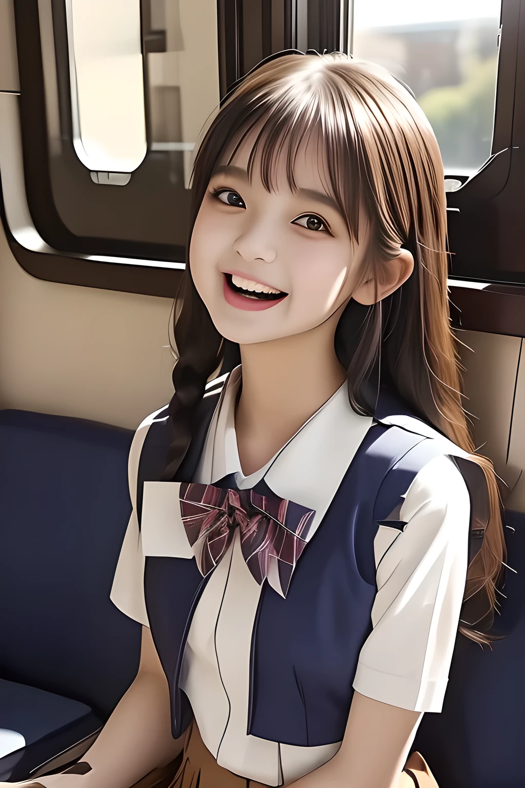 (highest quality, masterpiece, high resolution:1.2), 4K, (Photo quality detailed cute face: 1.4), (Giorgione painting style: 0.8), geometry, (14 yo cute girly Japanese girls are seated and looking ME up in a train: 1.4), (The train is full of bodies of succubus with sailor-school-uniform: 1.4), Laughing cutely, (neat girly white short-sleeves school blouse: 1.0), (puffed short sleeves: 1.0), (Dark red glossy school ribbon on the breast: 1.0), (Gray Japanese school girly vest Uniform: 1.2), (Box-pleated gray short school skirt: 1.2), (Extremely laughing cheeks: 1.0), (Beautiful light-amber cute-dolly large clear eyes with detailed cutely: 1.6), (Long bottom eyelashes: 1.2), (Expressing the greatest joy with her whole body: 1.2), (Glossy lips: 1.0), (Super-straight super-long hair: 1.5), (white and clear skin: 1.0), (Promoting Shampoo: 1.2), (Strong yearning: 1.2)