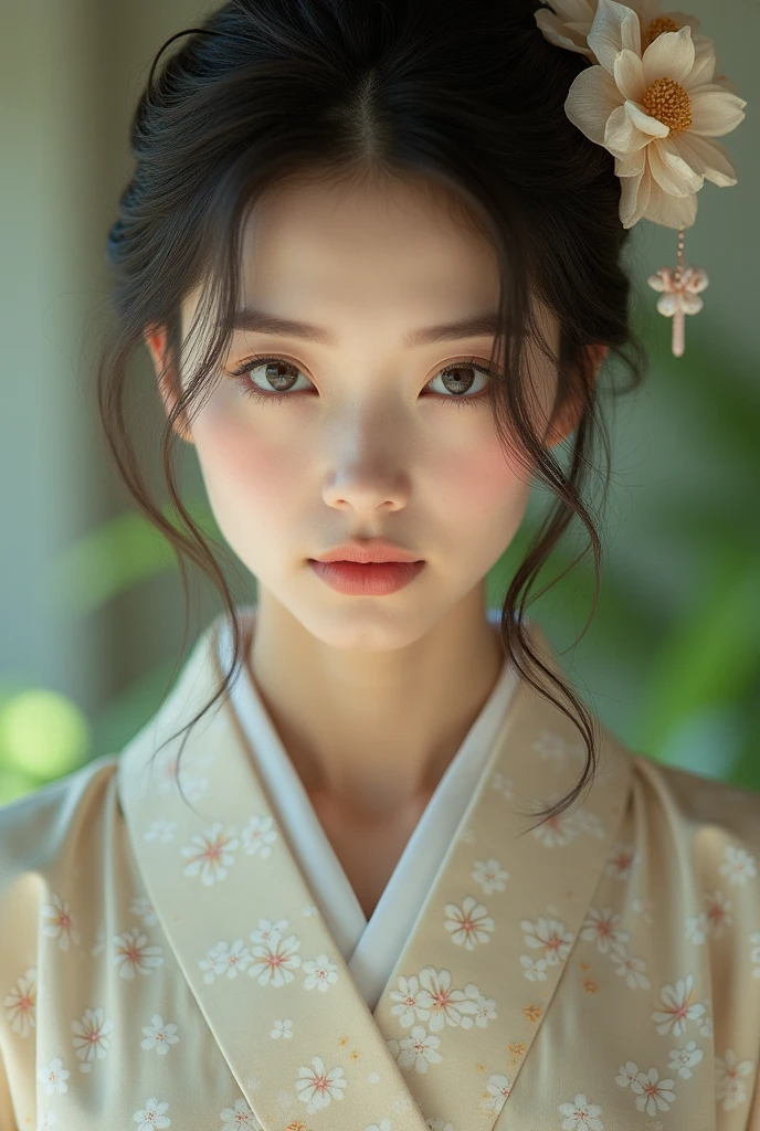 An elegantly dressed Japanese woman in natural light、A close-up of her chest and calm expression.、It shows her inner peace and outer charm.。