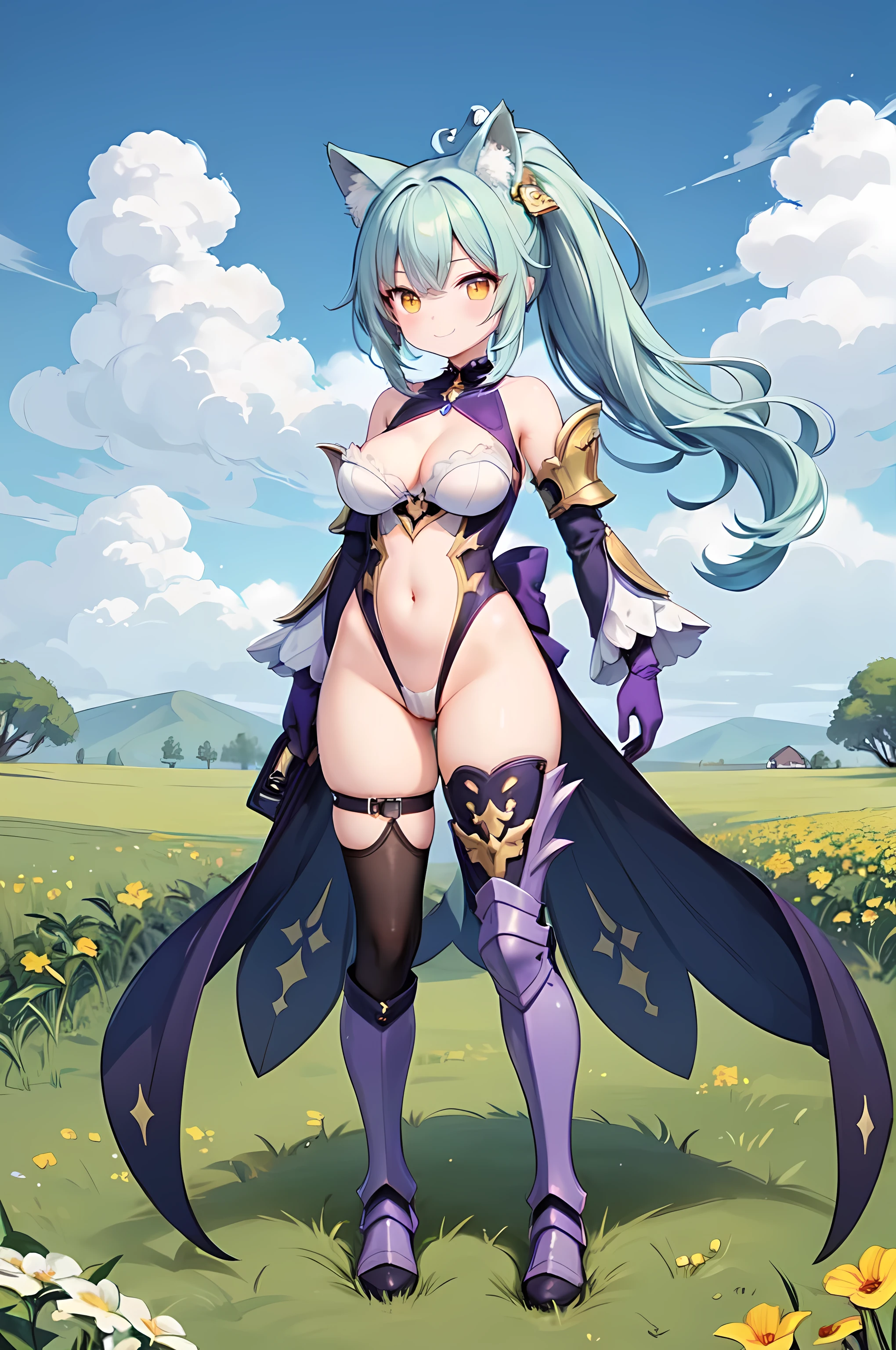 Masterpiece, 1girl, animal ear fluff, animal ears, fox ears, fox tail, armor, armored boots, bangs, bare shoulders, black thighhighs, blue hair, blue sky, boots, breasts, perfect breasts, perfect body, perfect face, cameltoe, cleavage, closed mouth, cloud, covered navel, day, detached sleeves, flower, full body, gloves, grass, groin, hair ornament, highleg, highleg leotard, knee boots, leotard, transparent, see-through, long hair, looking at viewer, outdoors, ponytail, purple gloves, skindentation, sky, smile, solo, standing, thigh strap, thighhighs, thighs, white leotard, wide sleeves, yellow eyes, ((cute, adorable, kawaii)), Genshin Impact style
