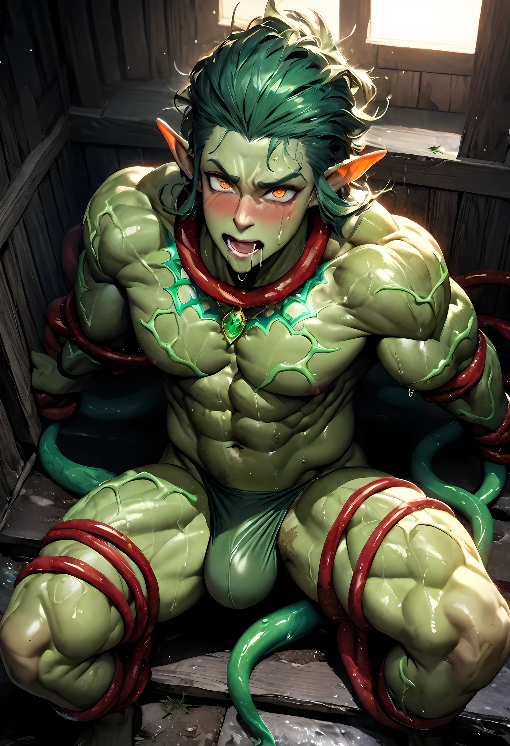 (((intricate design))) (((professional))) (((clear focus))) (((32k UHD Resolution))) (((photorealistic))) (((hyper-detail))) (((masterpiece))), ultra-realistic, expressive eyes, perfect face, mesmerising eyes, perfectly detailed anatomy, low contrast, a digital render (((Volumetric lighting))) (((natural lighting))) (((nighttime))) (((1Male))) (((Bodybuilder))), (((muscular))), (((hyper pecs))) there is a sexy mature man with green paint on his body, slick shaved sides hairstyle, ((thighs)) bodily fluids, round butt, green coloured skin, gay, green skin! (((green coloured skin!!))), (((green skin))). (((green-skinned))), (((wearing BDSM gear))) ((green skin with scales)), ((green skin)), windy, (((greenish skin))) plantation on the male body, fluorescent green skin, (((radiant orange eyes))), extremely windy, leaves falling (((a powerful nature deity))), elf ears, druid magic, green gem necklace, hot reptile muscular humanoid man, scales, muscular green body. Glowing veins, nature spirit, wrapped in tentacle vines, wet, oily, sweaty (((inside dirty house)) crossed-eyed, blushing, drooling, in a trance, mouth open (((from above))) sitting down, legs spread, bulge, looking at you, restraint, couple, sexual intercourse, bareback,