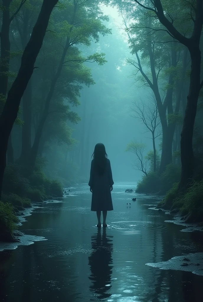 Anime, Anime, mundane Anime, ornate details, inside a Hairy lake, Cybergoth Art, "I'm just a little bit caught in the middle, life is a maze and love is a riddle.", studio anime, ordinary, elaborate, extremely rich detail, ambient atmosphere, unique, background inspired, cinematic atmosphere