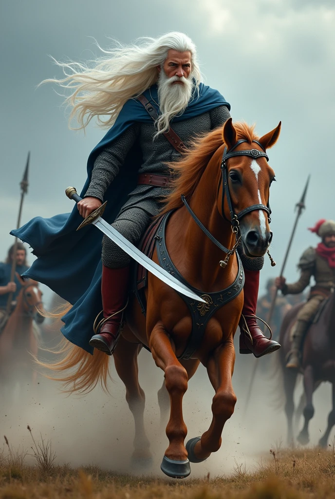 White long haired male warrior, with sword in hand, warrior's attire with dark blue tones and red boots, riding a brown war horse, in a battle against mages