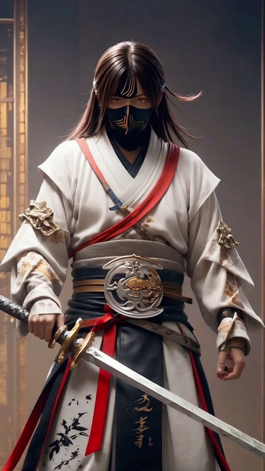 (Japanese sword &reference;Muramasa 2&reference;.2)Beautiful 27 year old woman、Japanese women、Tie your hair back、Hair ornament artist、Shinobi Costume、Warrior、Clear Eyes、{Arm tattoo(SakuraFubuki}'Back Tattoo、Warrior、(Japanese swordを両手で構える、1.3)(Japanese sword1.2)Intermediate position、In front of the body、(Holding a sword horizontally 1.3)、whole body、Long Blade Sword、Realistic battle scenes、敵Warriorの返りBlood、Blood、High resolution、Highest quality、Very detailed、8k、background、The castle is burning、Sparks fly、
