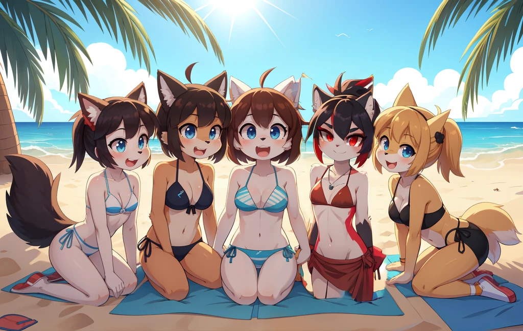 Score_9,score_8_up,score_7_up, source_cartoon, source_furry, furry girl, wolf, black hair, punk hairstyle, huge long spiky ponytail, anime style, small breasts, red eyes, ((makeup , red eyeshadows)), ((deep red bikini ruffled triangle, high cut bottom, star necklace, deep red sarong on hips)), high quality, detailed body, detailed eyes, detailed face, masterpiece, glistening body, detailed body fur, best quality, two tone body, gray fur, clear gray fur, perfect lighting, perfect shadows, perfect eyes, perfect hair, perfect face, gorgeous body, skinny, standing, solo, :3, smilling, standing, beach, clear sky,