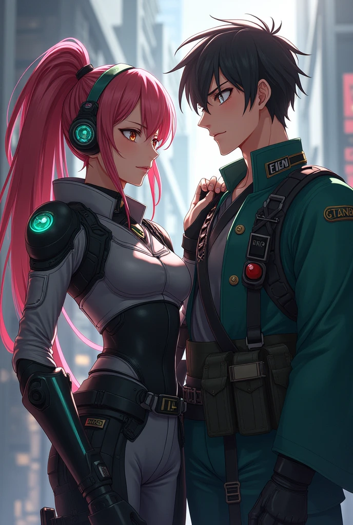 *Anna Buckler (Artery) and Tanjiro Kamado standing together in a dynamic pose. Anna is dressed in her futuristic, tactical gear from Call of Duty Mobile. She has a confident and composed expression, with one hand resting gently on Tanjiro's shoulder.*
*Tanjiro Kamado, wearing his distinctive Demon Slayer Corps uniform, is looking slightly to the side, with a calm and determined expression. His characteristic green-and-black checkered haori is visible.*
**Background:**
*A blurred cityscape or a modern tactical environment in the background, blending elements from both Call of Duty Mobile and the anime world. The scene should have a balanced mix of futuristic and traditional elements.*
**Additional Details:**
- Ensure the lighting highlights the contrast between Anna’s high-tech gear and Tanjiro’s traditional attire.
- The interaction between the characters should feel natural and respectful, reflecting a strong and supportive connection.
**Instructions for Style:**
- Use a blend of realistic and stylized art to fit both the game and anime aesthetics.
- Maintain accurate character designs for Anna and Tanjiro to preserve their distinct features and clothing details.