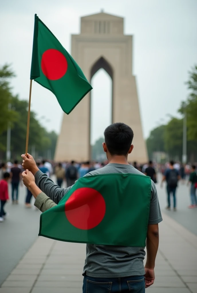 A Man stands on the streets of Bangladesh Memorial with a Bangladeshi flag in his hand. 