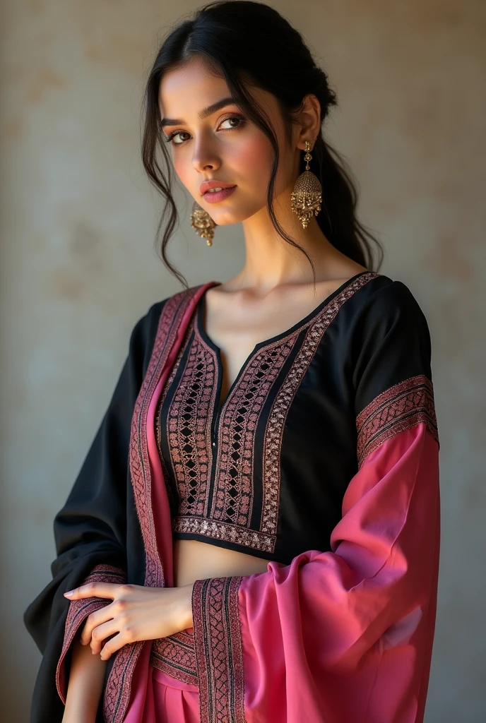 A beautiful young girl in dark black + light pink kurti standing