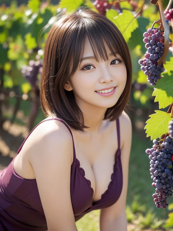 ((Vineyards,Kyoho grapes))、((Kyoho grapes,Holding grapes)),((smile)),(looking up),(crouching),((Highest quality)), Realistic, Very detailed, In detail, ((High resolution)), 8k,Japanese women,Beautiful woman,gravure,intellectual,Beautiful Skin,Beautiful Eyes,Detailed face,(Glamour),((short hair)),Brunette colored hair,20th Generation,Bust Size 87cm,Neat constriction,(Beautiful Eyes),(Adult),