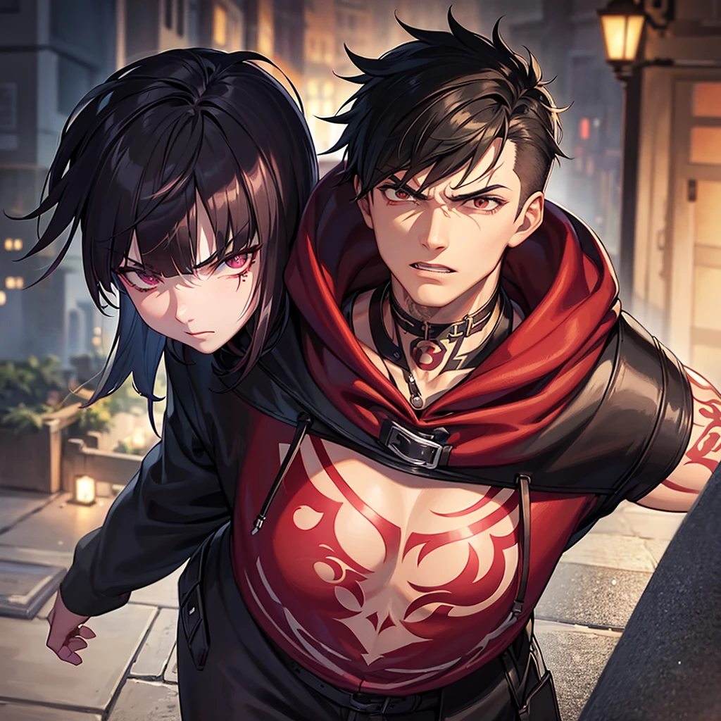 arcane style, (1 man), handsome, cropped hooded jacket, dark red jacket with black details, tattoo on arm, asymmetrical bangs, band-aid, short hair (shaved on one side), bangs freckles, light brown eyes, muscular man, looking at viewer, tattoo on neck, piercing in nose, pink hair, scar, scar on face, solo, tattoo on face, detailed background, city, alley, dark alley, night, angry, close-up, mouth closed, , ((masterpiece)), masculine face,