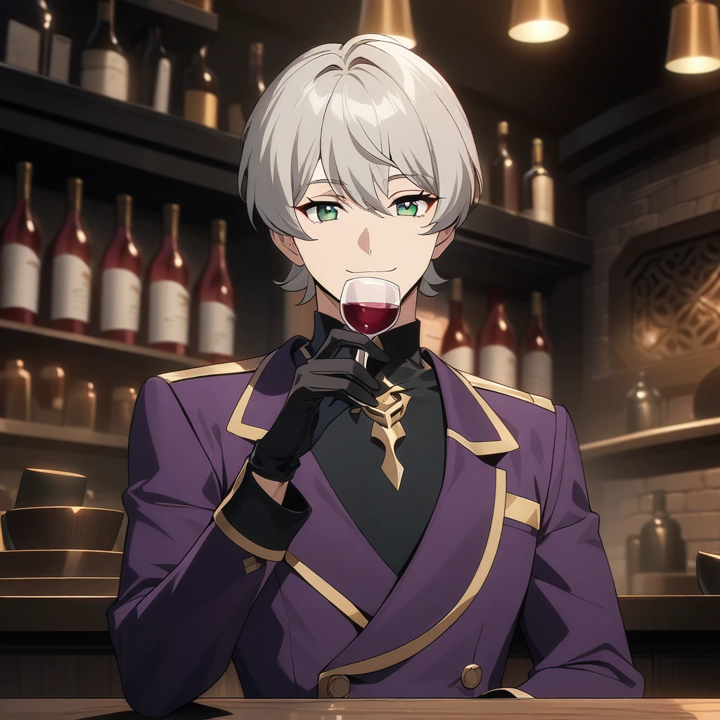 wise from zenless zone zero, 1boy, drinking wine, light grey hair, souma shiki hair, dark green eyes, shoulder length hair, bowl cut hair , handsome face, purple suit, black gloves, bar background, upper body, decorative, masterpiece, high quality, hd, 4k, upper body, genshin artstyle, smiling