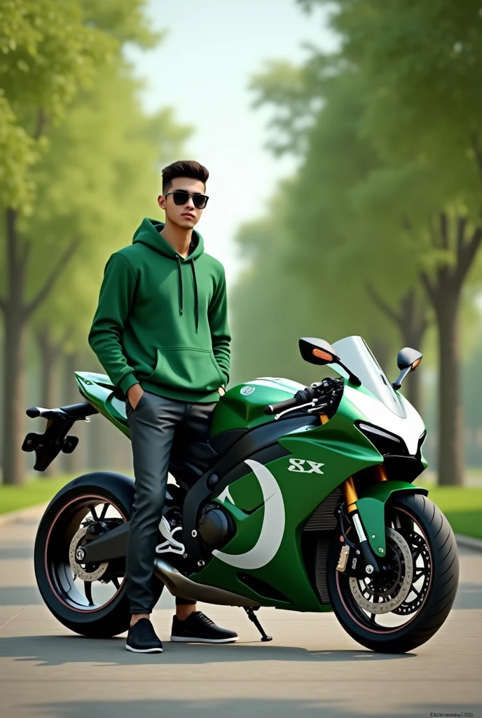 Create 3D illusion for a profile picture where a 23-Year-old cute boy in a GREEN hoodie in front write name Rohan stand beside casually on a Pakistani Colored Green and white GSX-R1000, Wearing black sneakers, and sunglasses, he looke ahead with Pakistani flag in his bike, The background features is beautiful park.