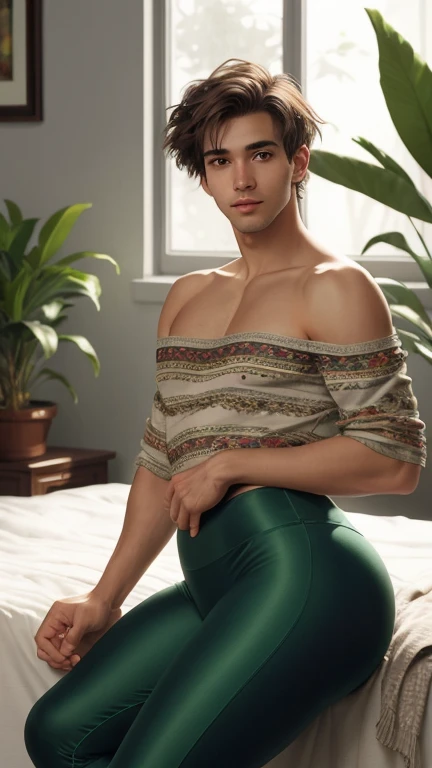 (photorealism:1.2), young man, sitting on bed, wearing loose off-shoulder top, pajama pants, very short spikey boyish hair, indoors, soft lighting, plants in background, window with sunlight, cozy room, relaxed pose, realistic, intricate details, warm colors, by Greg Rutkowski, by Alphonse Mucha, wide hips , long legs, thick thighs, large feminine hips, leggings