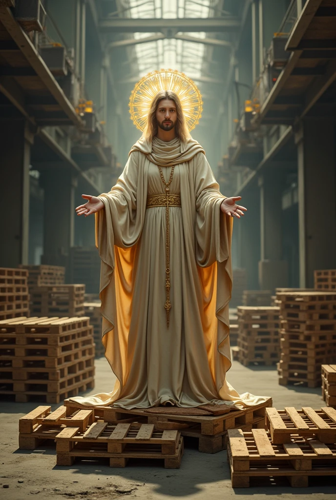 A saint car door ring blessing a pile of pallets in a metal factory.