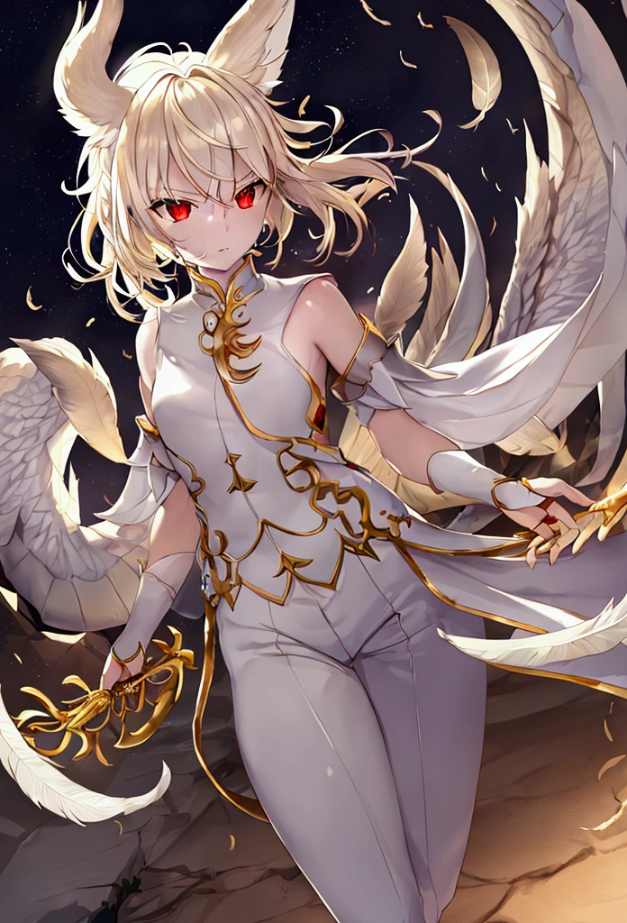 1 chico, light yellowish hair, Pale Skin, red eyes, high, fierce look, athletic body, White shirt, white pants, black shoes, small dragon with fox ears, Upper part of the body, evening, sky full of stars, fenix, Scattered starlight, Branch-shaped horns, semi-long horns, light feathers, thin reptilian tail, feathers on its tail, manly, good looking, textured PBR, Anisotropic, depth of field, Maximum clarity, Multilayer textures, surface shading, Accurate simulation of the interaction between light and material., perfect proportions, High resolution, Two tone lighting, Realistic lighting, white balance, rule of thirds, detailed face