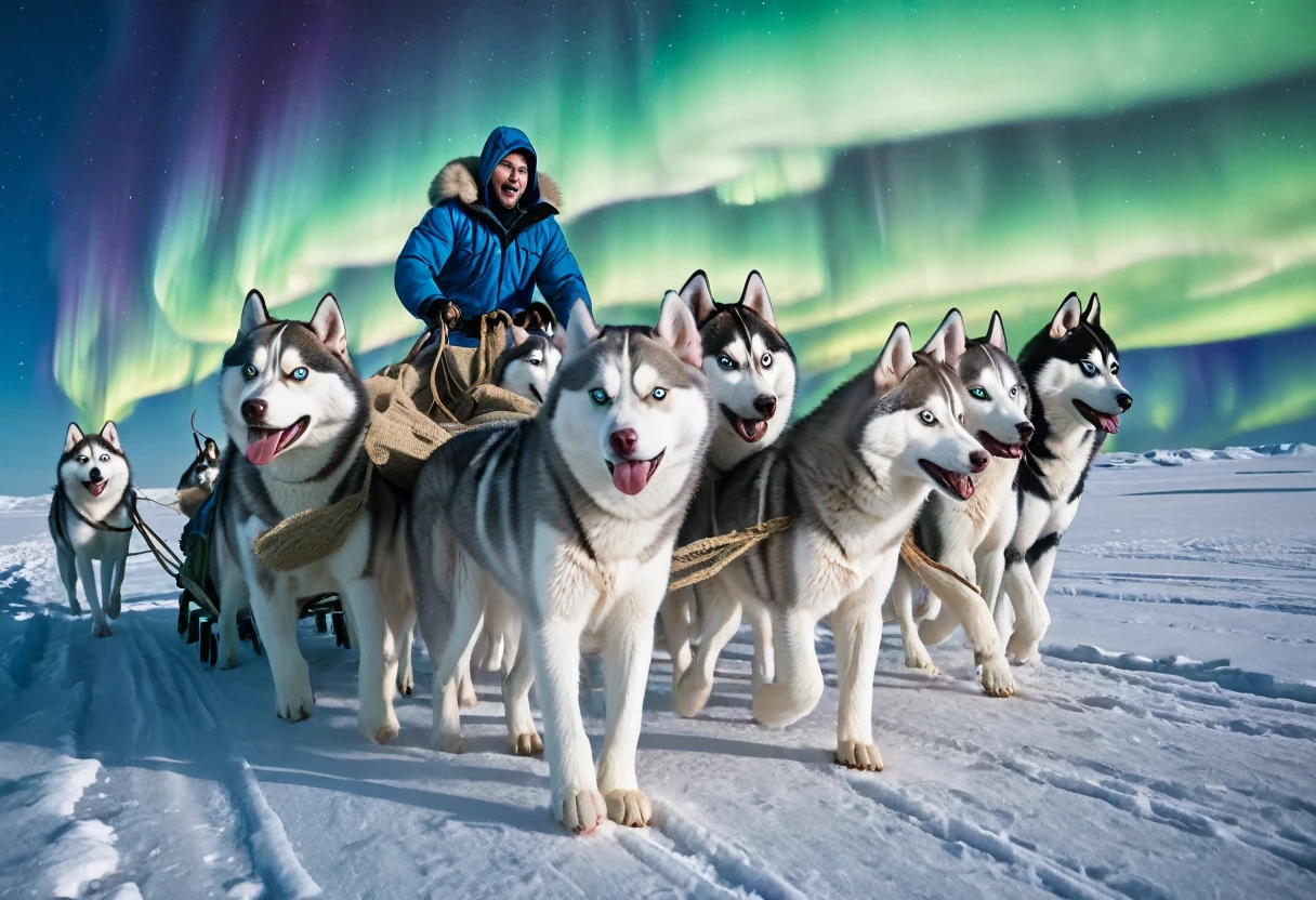 A team of six Siberian Huskies pulling a sleigh, six huskies are running with dynamic motion, 1 man standing at the back of the sleigh, The man is giving instructions to the dogs, many hemp sacks on a sleigh, (realistic), in the Arctic with a beautiful aurora in the sky, from side, look at viewer, Six dogs are lined up in two rows, masterpiece, high quality, best quality, super detail, 8k