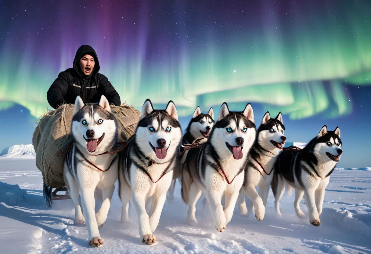 A team of six Siberian Huskies pulling a sleigh, six huskies are running with dynamic motion, 1 man standing at the back of the sleigh, The man is giving instructions to the dogs, many hemp sacks on a sleigh, (realistic), in the Arctic with a beautiful aurora in the sky, from side, look at viewer, Six dogs are lined up in two rows, masterpiece, high quality, best quality, super detail, 8k
