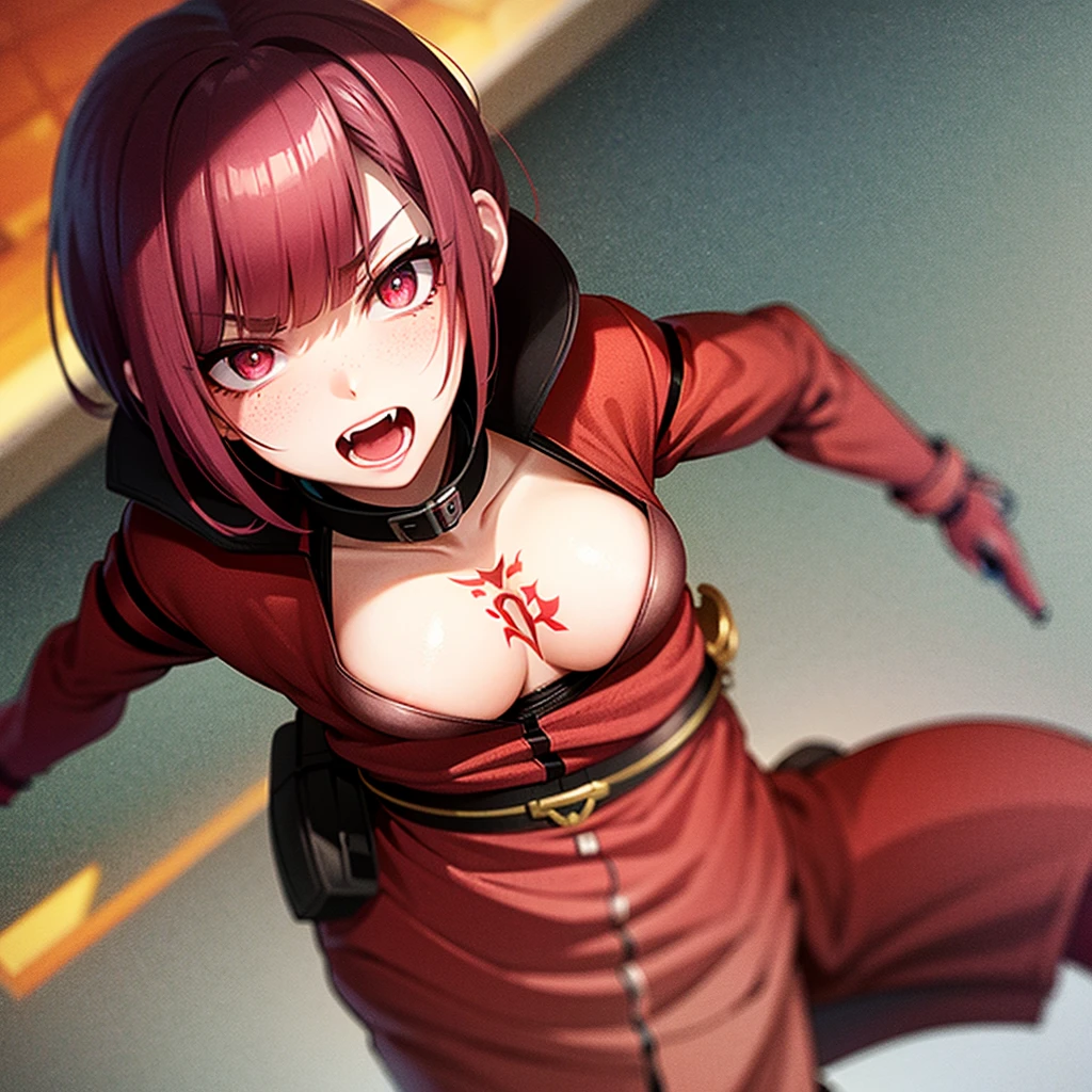 arcane style, (1 man), handsome, cropped hooded jacket, dark red jacket with black details, tattoo on arm, asymmetrical bangs, band-aid, short hair (shaved on one side), bangs freckles, light brown eyes, muscular man, looking at viewer, tattoo on neck, piercing in nose, pink hair, scar, scar on face, solo, tattoo on face, detailed background, city, alley, dark alley, night, angry, close-up, mouth closed, , ((masterpiece)), masculine face,
