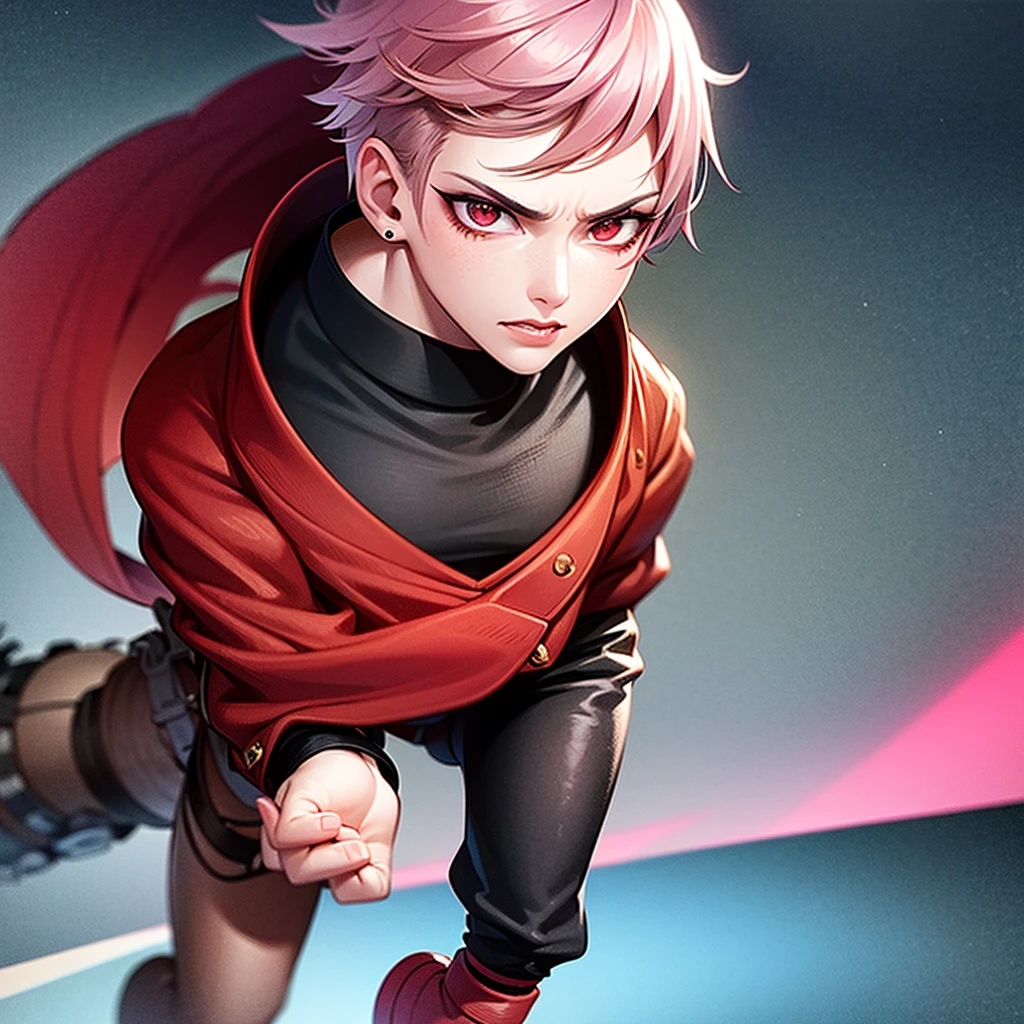 arcane style, (1 man), handsome, cropped hooded jacket, dark red jacket with black details, tattoo on arm, asymmetrical bangs, band-aid, short hair (shaved on one side), bangs freckles, light brown eyes, muscular man, looking at viewer, tattoo on neck, piercing in nose, pink hair, scar, scar on face, solo, tattoo on face, detailed background, city, alley, dark alley, night, angry, close-up, mouth closed, , ((masterpiece)), masculine face,