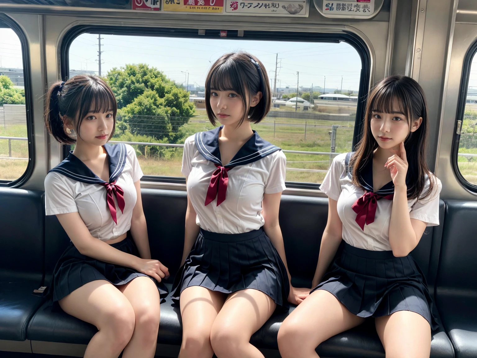 masterpiece, best quality, illustration, Super detailed, fine details, High resolution, 8K,wall paper, perfect dynamic composition,(Details High quality, realistic depiction of eyes:1.3), (3 girls), Black Sailor Uniform, serafuku, Navy pleated skirt, sitting, open legs, short bob hair, Sitting on a train in Tokyo, deep on field, large breasts, black hair color, Big Natural Color Lip, (perfect body shape), crying a little、Harajuku style、20 year old girl、cute type、beautiful legs, Gravure Idol