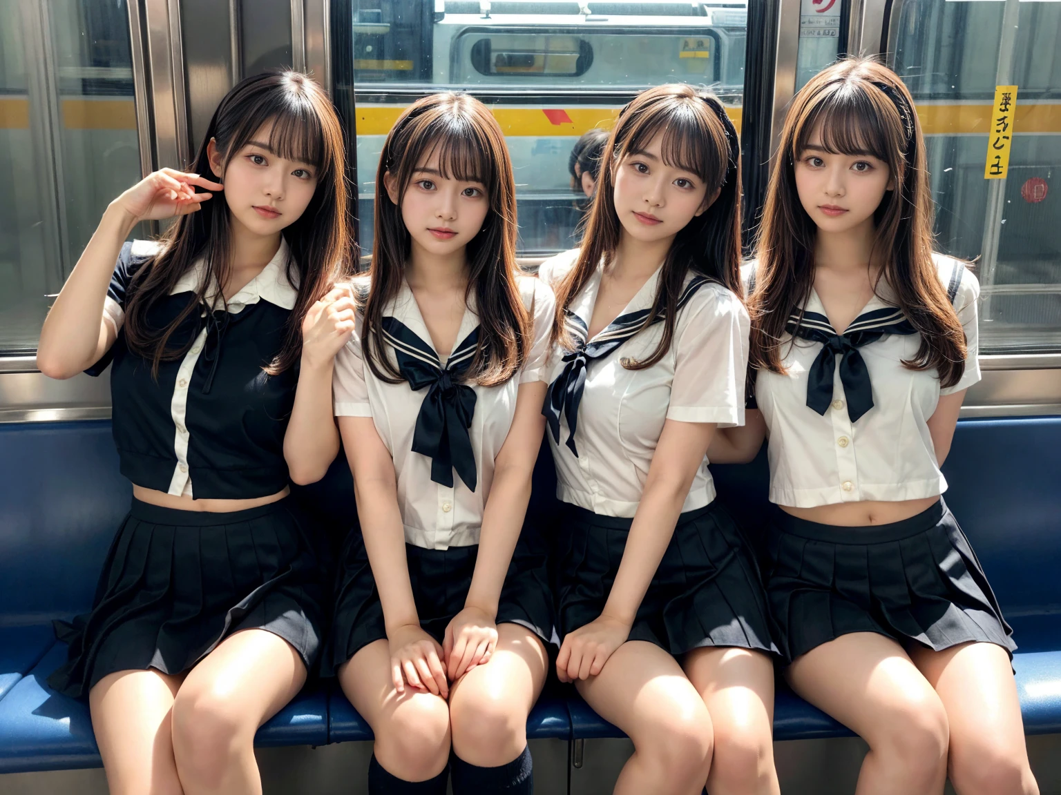 masterpiece, best quality, illustration, Super detailed, fine details, High resolution, 8K,wall paper, perfect dynamic composition,(Details High quality, realistic depiction of eyes:1.3), (3 girls), Black Sailor Uniform, serafuku, Navy pleated skirt, sitting, open legs, short bob hair, Sitting on a train in Tokyo, deep on field, large breasts, black hair color, Big Natural Color Lip, (perfect body shape), crying a little、Harajuku style、20 year old girl、cute type、beautiful legs, Gravure Idol