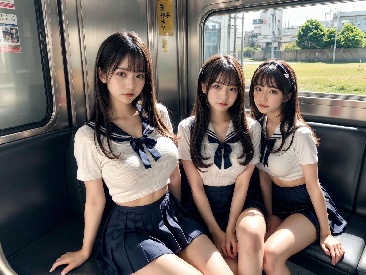 masterpiece, best quality, illustration, Super detailed, fine details, High resolution, 8K,wall paper, perfect dynamic composition,(Details High quality, realistic depiction of eyes:1.3), (3 girls), Black Sailor Uniform, serafuku, Navy pleated skirt, sitting, open legs, short bob hair, Sitting on a train in Tokyo, deep on field, large breasts, black hair color, Big Natural Color Lip, (perfect body shape), crying a little、Harajuku style、20 year old girl、cute type、beautiful legs, Gravure Idol