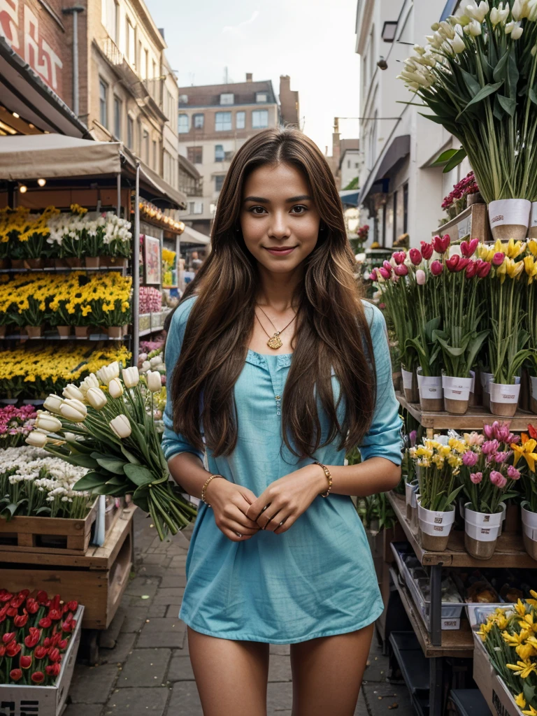 masterpiece, best quality:1.4, realisticlying:1.4,1girl skinny with beautiful skin (bright skin) with a bouquet of tulips in hands:1.5, high quality, detailed, intricate, photorealistic, full body shot,{background: vibrant colors, natural lighting, street scene, outdoor, city, urban, flower shop, tulips, market stall, realism, cityscape, street vendor }, luxury detailed cloths,golden necklace, long hair, skinny arms,shy smile,