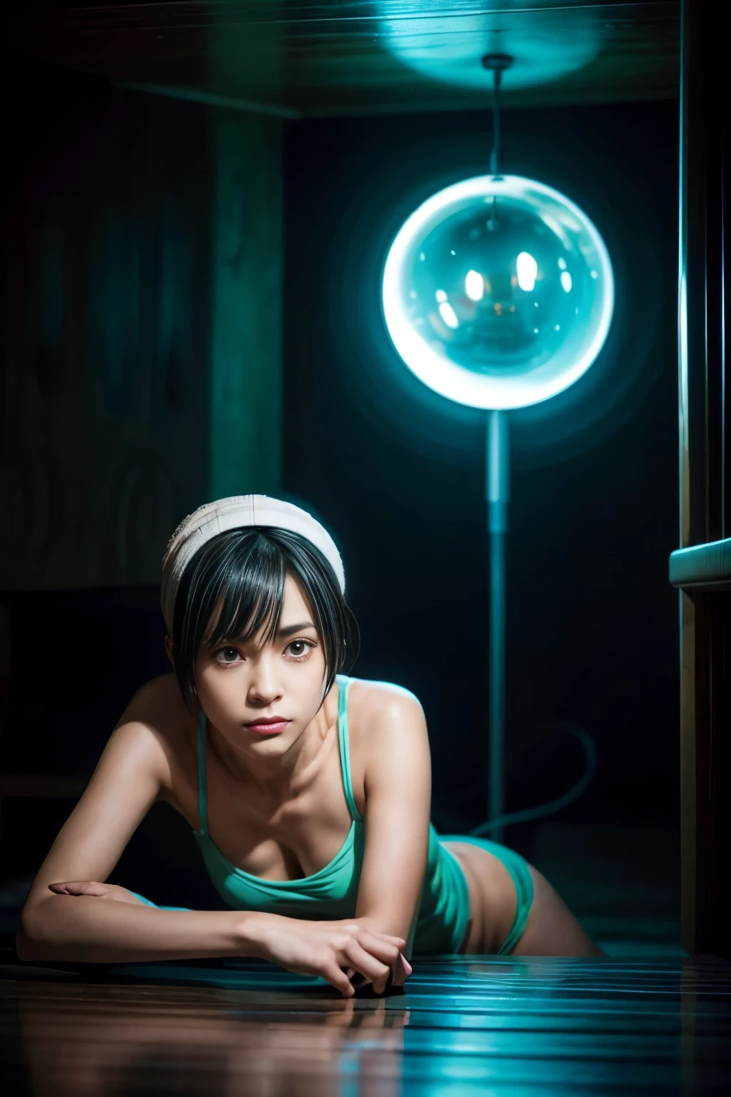 masutepiece, High resolution, Anime-style beautiful girl, Being in a dirty beaker, Immersion in liquid, homunculus, Magic Circle, Small room with phosphorescent flash, Perfect Beautiful Girl, No clothes, glowing from the inside, Staring at the viewer, laught, 3D Rendering, Perspective, Awesome anime illustrations, Impressive lighting, Fantastic, dangerous, immensity
