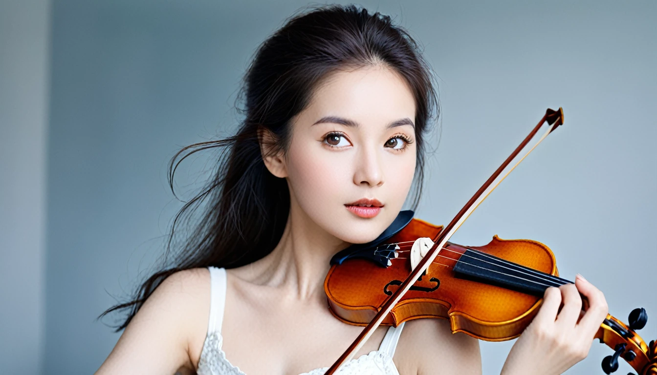A beautiful woman with a violin and a beloved aura