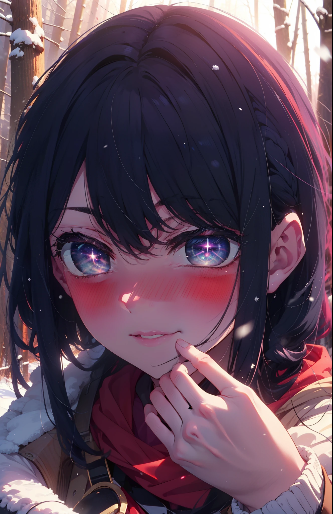 aihoshino, Ai Hoshino, Long Hair, bangs, (Purple eyes:1.1), Purple Hair, (Symbol-shaped pupil:1.5), smile,,smile,blush,white breath,
Open your mouth,snow,Ground bonfire, Outdoor, boots, snowing, From the side, wood, suitcase, Cape, Blurred, , forest, White handbag, nature, Squat, Mouth closed, Cape, winter, Written boundary depth, Black shoes, red Cape break looking at viewer, Upper Body, whole body, break Outdoor, forest, nature, break (masterpiece:1.2), Highest quality, High resolution, unity 8k wallpaper, (shape:0.8), (Beautiful and beautiful eyes:1.6), Highly detailed face, Perfect lighting, Highly detailed CG, (Perfect hands, Perfect Anatomy),