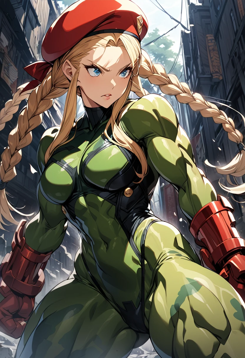 Digital illustration of a female character Cammy White with a muscular build, wearing a green, form-fitting bodysuit. She has long blonde hair styled in two braids, a red beret, and red gloves. Her facial expression is serious, with blue eyes and a determined look. The character's skin is fair, and she has green camouflage paint on her legs. The illustration is highly detailed, with a focus on the character's strong physique and intense expression. anime, anatomically correct, super detail, high quality, 4K, lips
